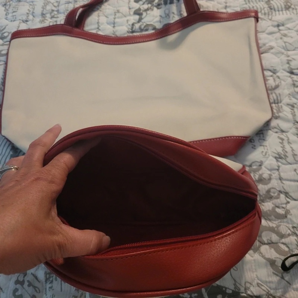Cream Canvas Tote with Red Trim and Matching Pouch - Picture 2 of 3
